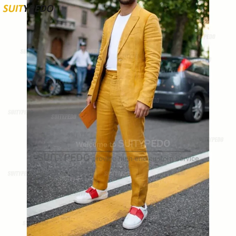 2023 Оранжеви ленени костюми за мъже Slim Fit Официален плажен абитуриентски сватбен блейзър панталони 2 броя шафери най-добър мъж младоженец облекло комплект Изображение 0
