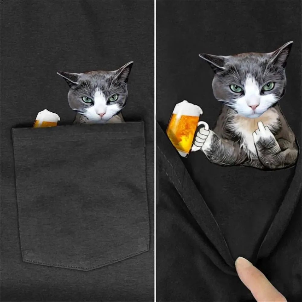 CLOOCL животински тениска сива котка бира джоб тениска стикер отпечатани лятото къс ръкав памук тройници мъжки жени хип-хоп върховете S-7XL Изображение 0