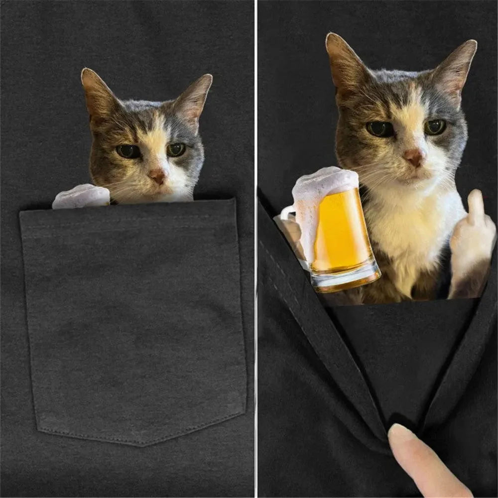 CLOOCL животински тениска сива котка бира джоб тениска стикер отпечатани лятото къс ръкав памук тройници мъжки жени хип-хоп върховете S-7XL Изображение 1
