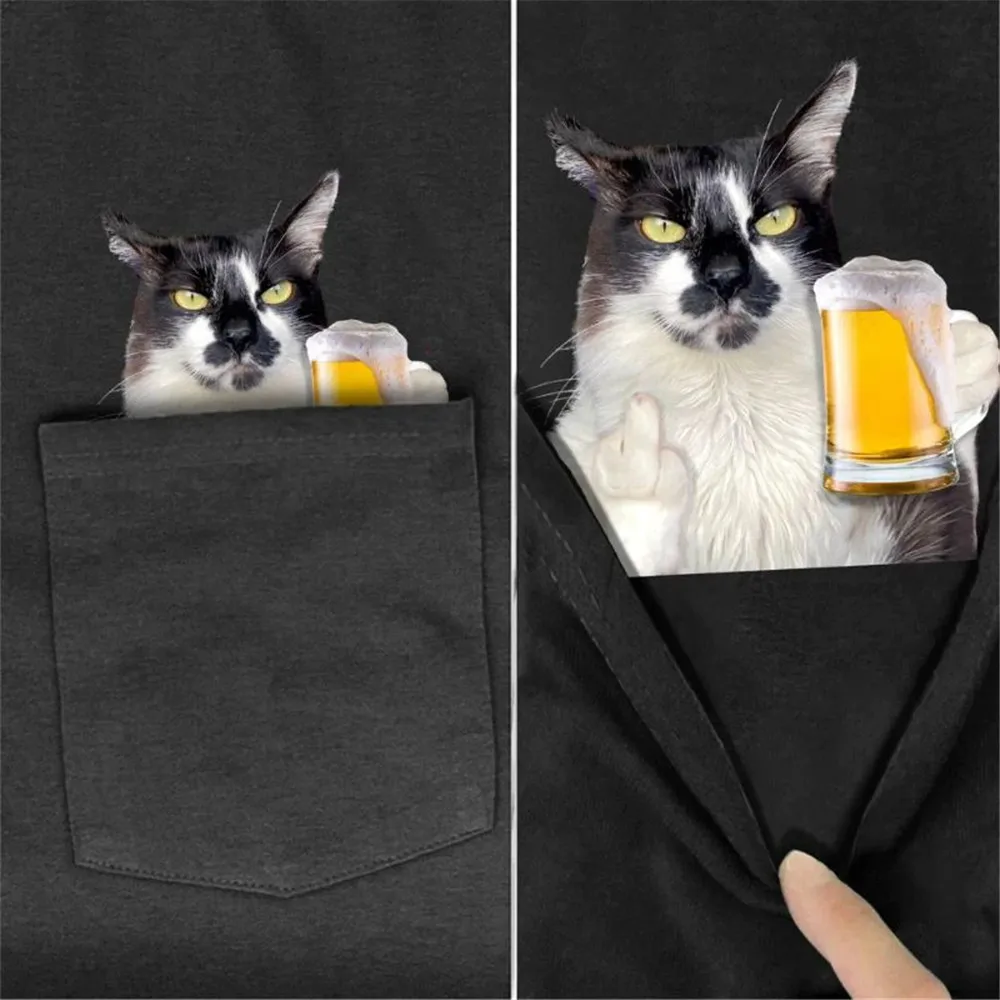 CLOOCL животински тениска сива котка бира джоб тениска стикер отпечатани лятото къс ръкав памук тройници мъжки жени хип-хоп върховете S-7XL Изображение 2