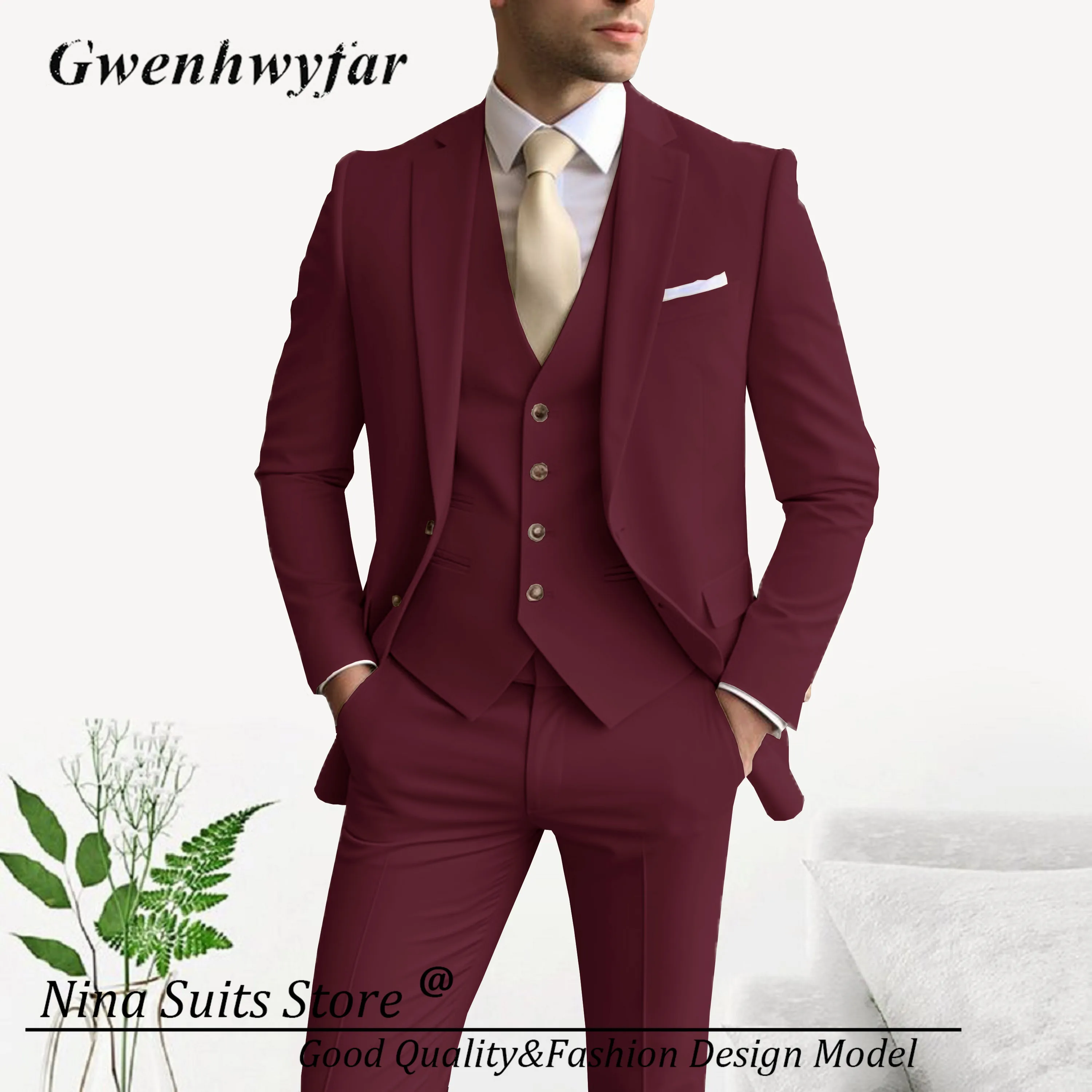 Gwenhwyfar Класически дизайн Мъжки костюми Бургундско морско синьо Черно розово 18 цвята офис бизнес мъже ежедневно носят панталони с жилетка Изображение 0