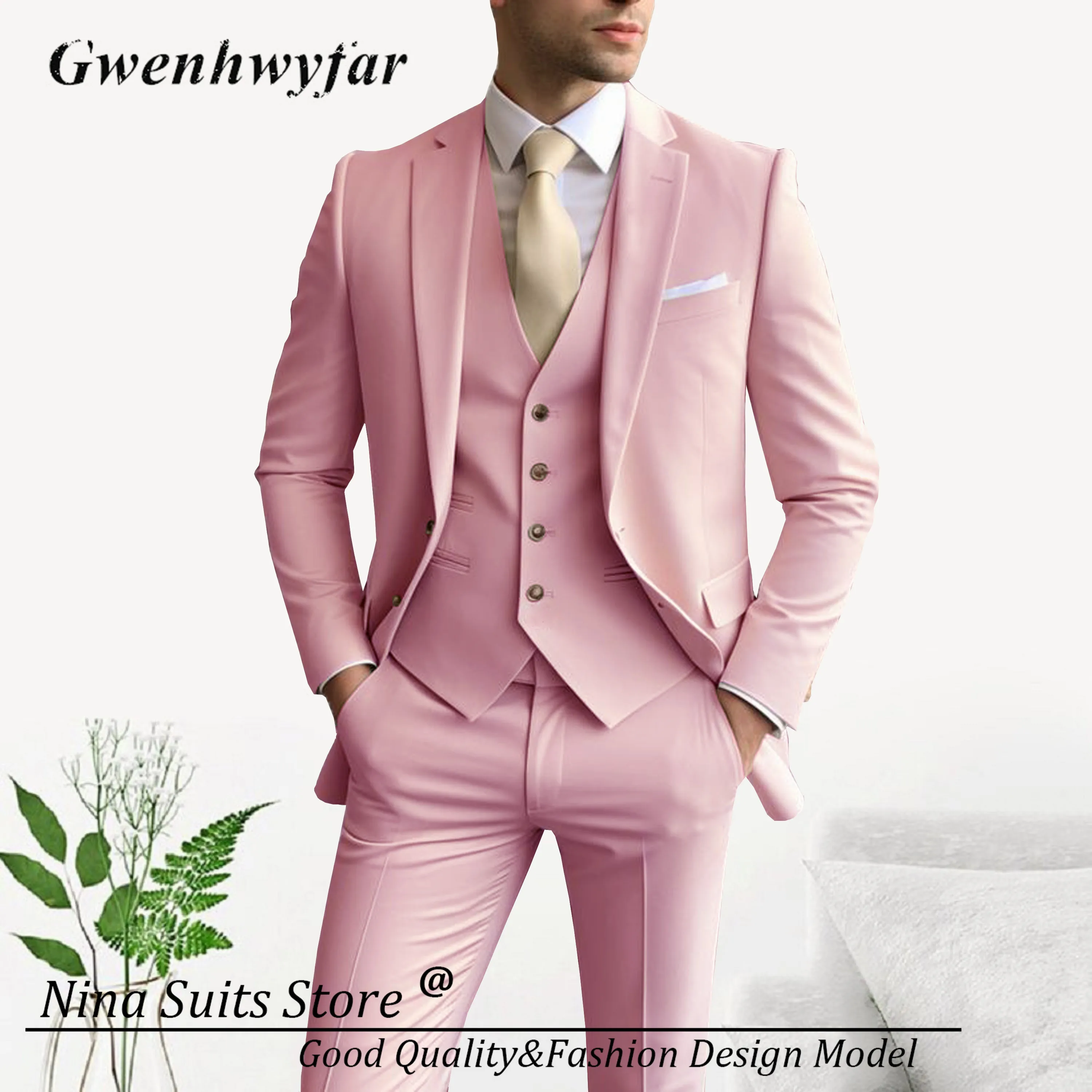 Gwenhwyfar Класически дизайн Мъжки костюми Бургундско морско синьо Черно розово 18 цвята офис бизнес мъже ежедневно носят панталони с жилетка Изображение 1