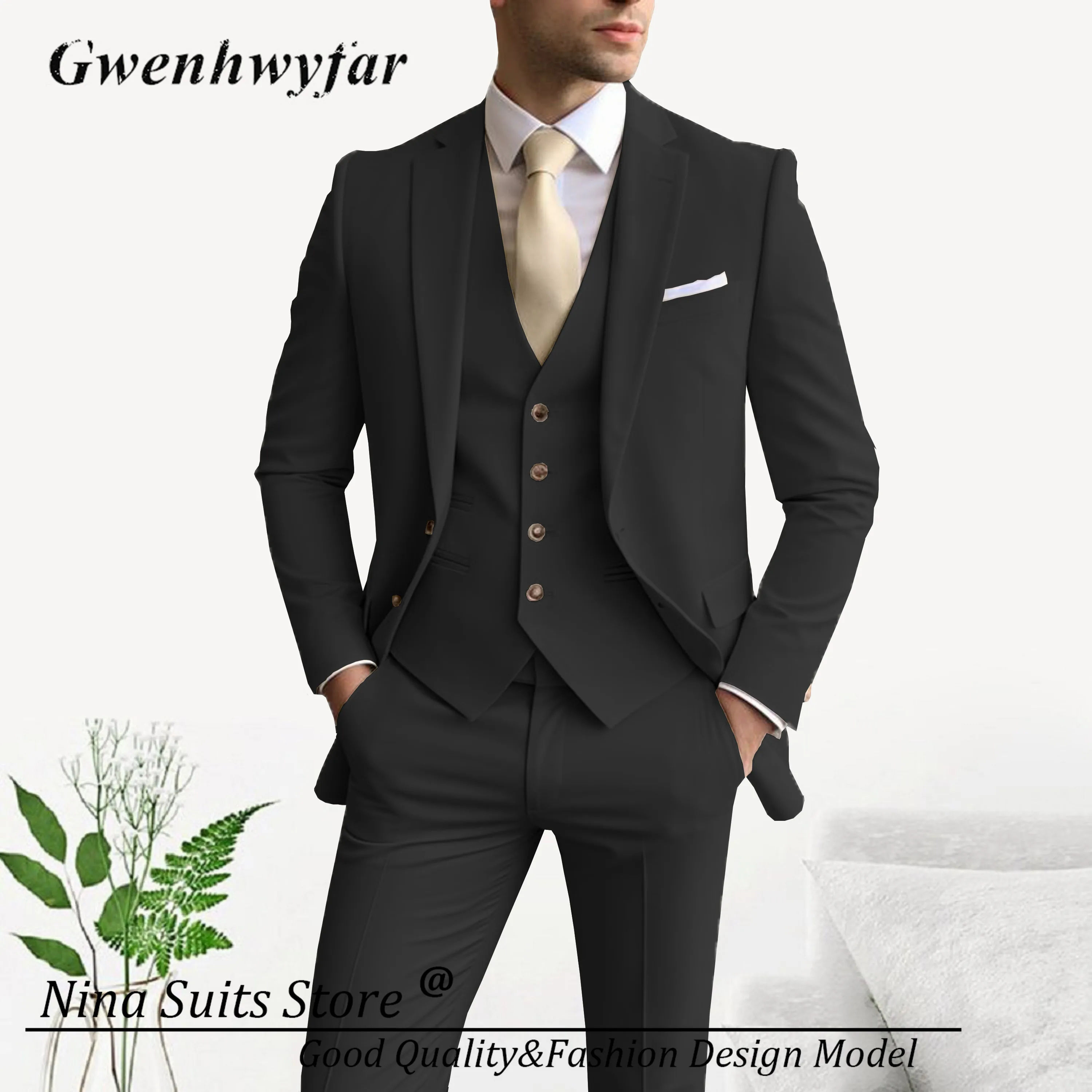 Gwenhwyfar Класически дизайн Мъжки костюми Бургундско морско синьо Черно розово 18 цвята офис бизнес мъже ежедневно носят панталони с жилетка Изображение 3