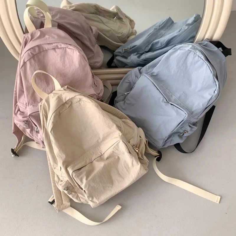 Hylhexyr жени плътен цвят прост найлон раница ученически чанти случайни меки пътуване спорт раница с цип външен джоб Изображение 0