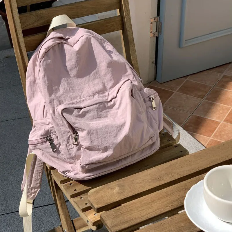 Hylhexyr жени плътен цвят прост найлон раница ученически чанти случайни меки пътуване спорт раница с цип външен джоб Изображение 1