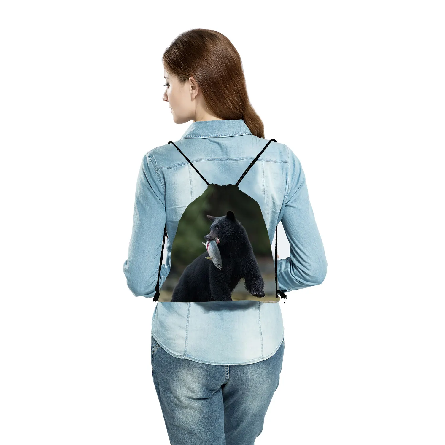 Portable жените раница високо качество шнур джоб обувки чанта за училище Унисекс черна мечка печат чанта за съхранение случайни свирепост Изображение 2