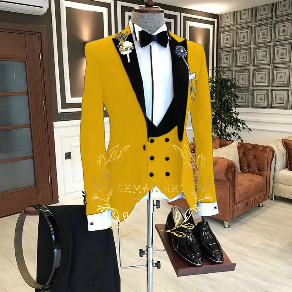 SZMANLIZI Нов дизайн Мъжка рокля Златни сватбени костюми за мъже 3 броя Официално облекло на младоженеца Абитуриентско парти Смокинги (яке + жилетка + панталони) Изображение 0
