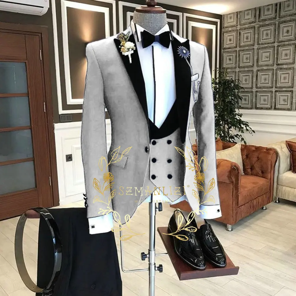 SZMANLIZI Нов дизайн Мъжка рокля Златни сватбени костюми за мъже 3 броя Официално облекло на младоженеца Абитуриентско парти Смокинги (яке + жилетка + панталони) Изображение 2