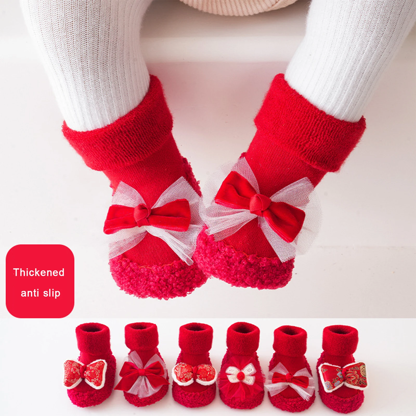 бебе момичета чорапи обувки сладък лък нехлъзгащи чорапи меки леки новогодишни подови чорапи Изображение 0