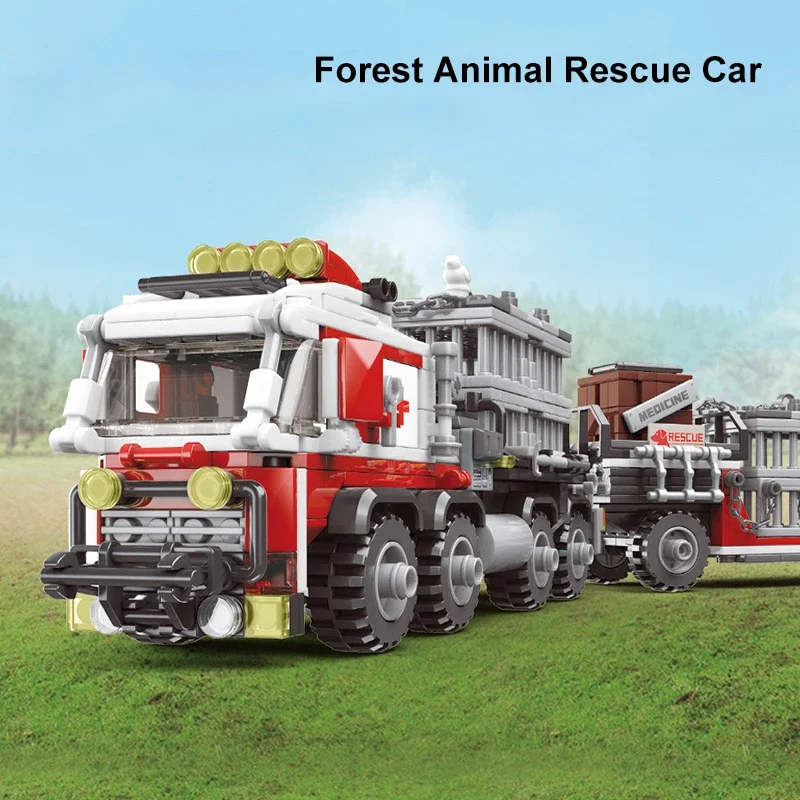 Градска полиция спасителна кола сграда тухли, DIY творчески горски линейка животински транспорт камион блок комплект играчка за деца подарък Изображение 2