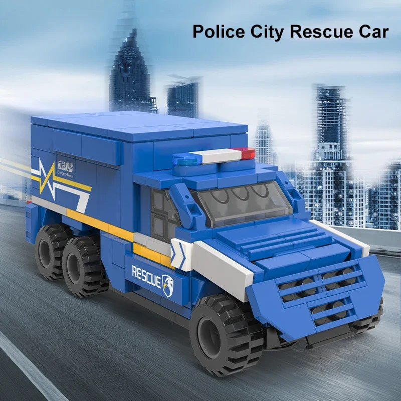 Градска полиция спасителна кола сграда тухли, DIY творчески горски линейка животински транспорт камион блок комплект играчка за деца подарък Изображение 4