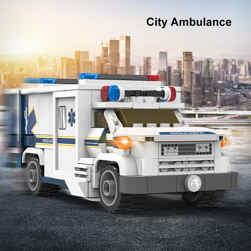 Градска полиция спасителна кола сграда тухли, DIY творчески горски линейка животински транспорт камион блок комплект играчка за деца подарък Изображение 5