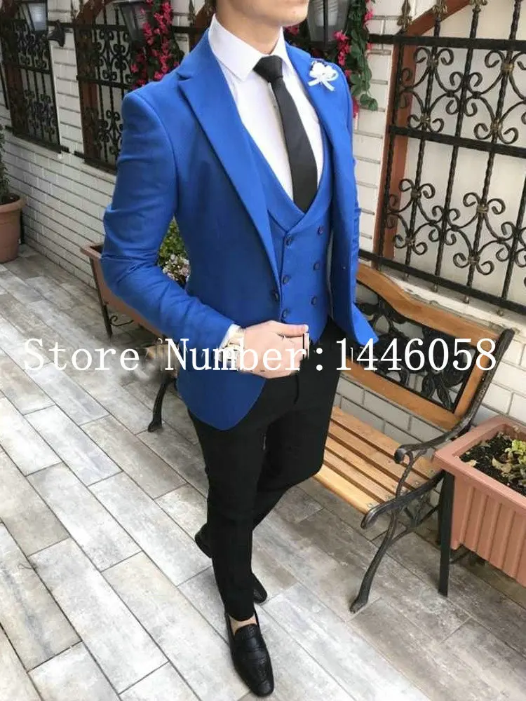 Елегантен сватбен костюм за младоженец 2020 Ново пристигане Мъжки костюми по поръчка 3 броя кралски сини ежедневни смокинг яке абитуриентски костюми за мъже Изображение 0