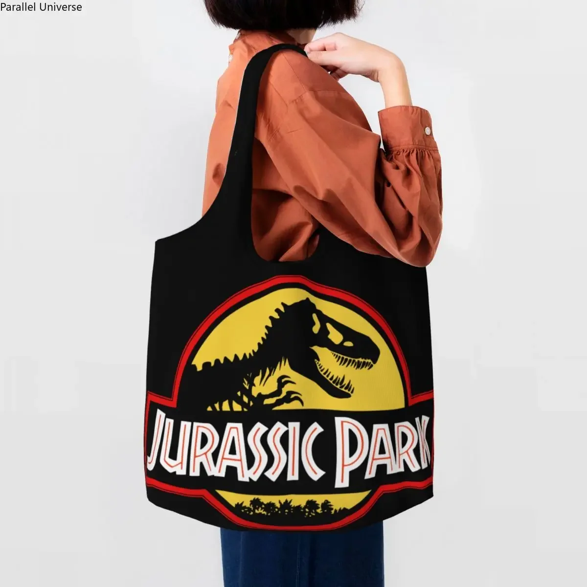 За многократна употреба Джурасик паркове динозавър печат пазарска чанта жени платно рамо голяма пазарска чанта миещи се хранителни стоки купувач чанти чанта Изображение 0