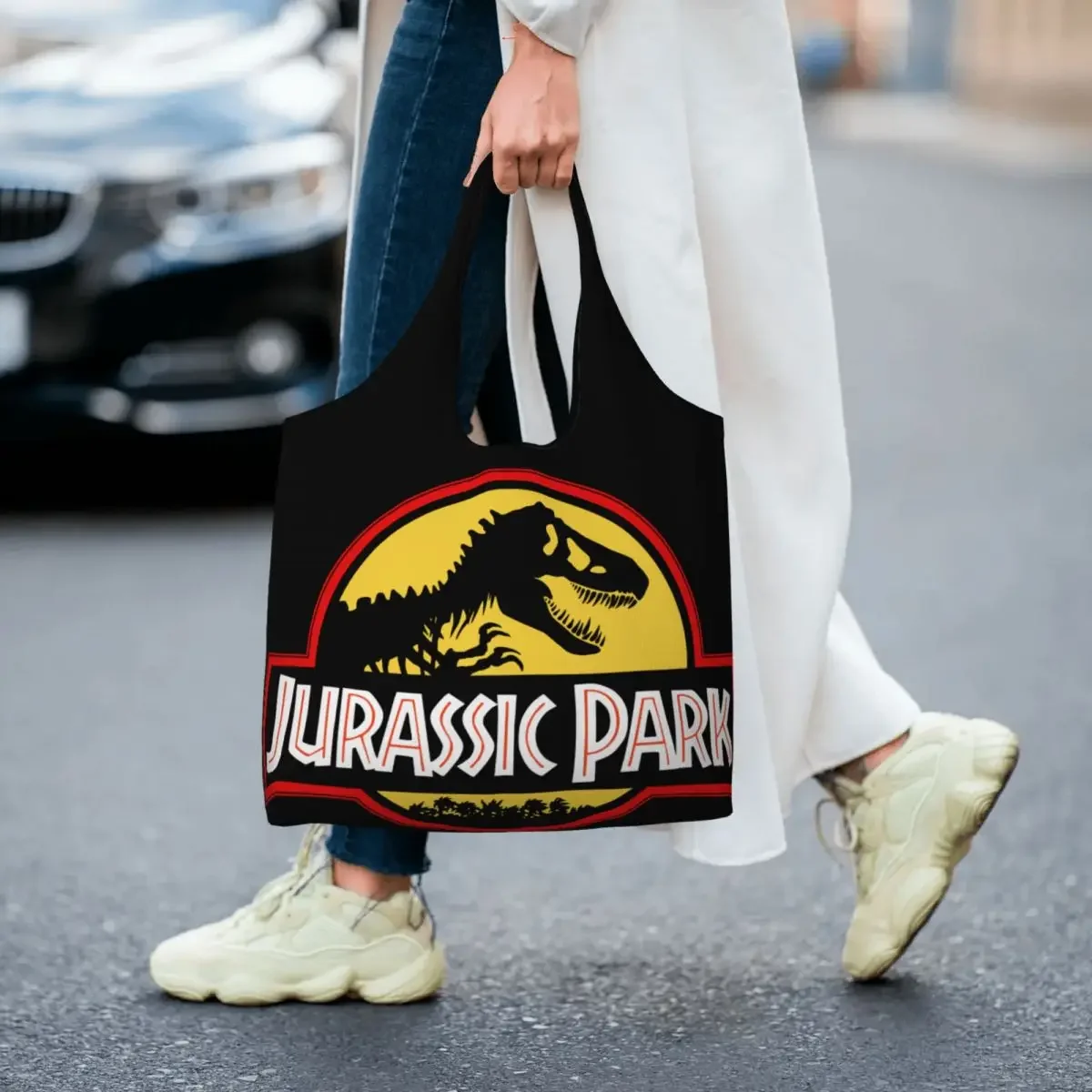 За многократна употреба Джурасик паркове динозавър печат пазарска чанта жени платно рамо голяма пазарска чанта миещи се хранителни стоки купувач чанти чанта Изображение 5