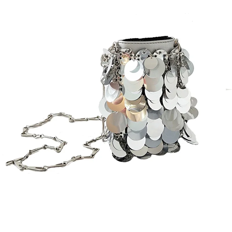 Луксозни дамски чанти дизайнер сребърни метални пайети верига тъкани чанта вечерни чанти съединител женски пътуване празник рамо чанта чанта Изображение 0