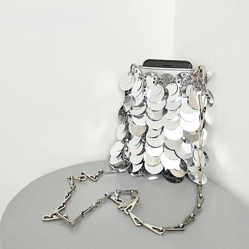 Луксозни дамски чанти дизайнер сребърни метални пайети верига тъкани чанта вечерни чанти съединител женски пътуване празник рамо чанта чанта Изображение 1