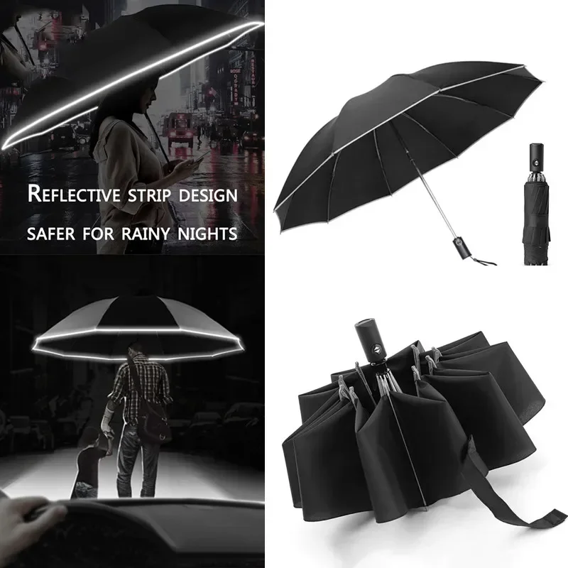 Мъжки луксозни чадъри 140 см райе чадър дъжд голям супер автоматичен ветроупорен бизнес женски чадър отразяващ Изображение 4