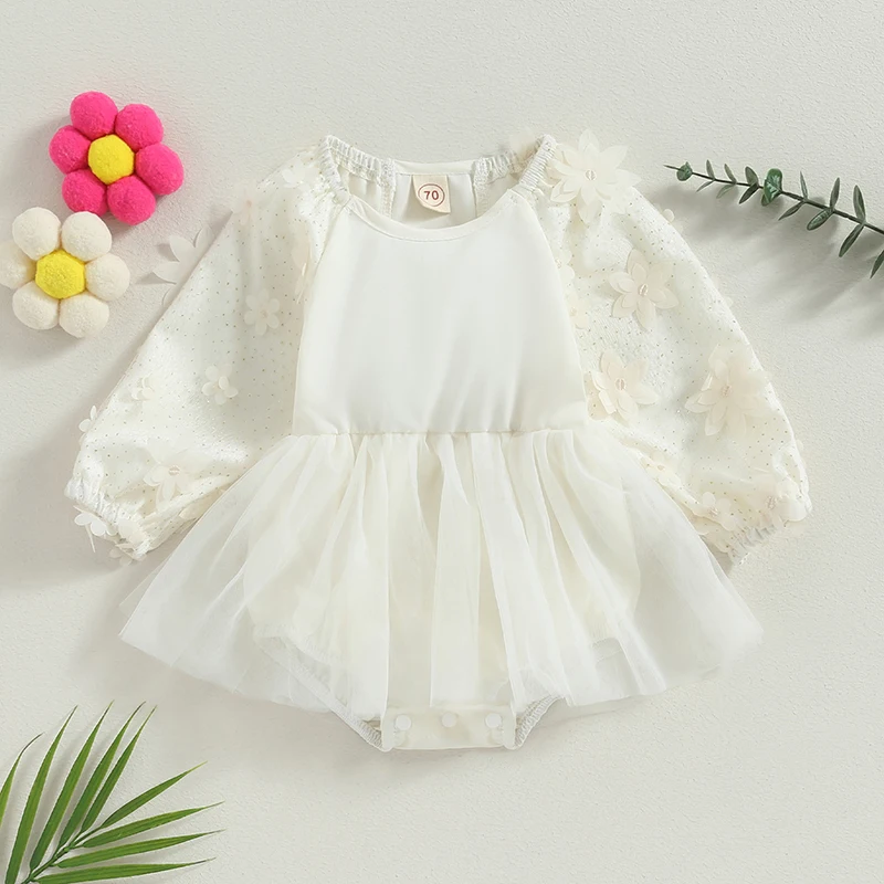 Пролетно сладко облекло новородено бебе бебе момичета гащеризон рокля пайети 3D цвете дълъг ръкав сладък триъгълник-дъното гащеризон Изображение 0