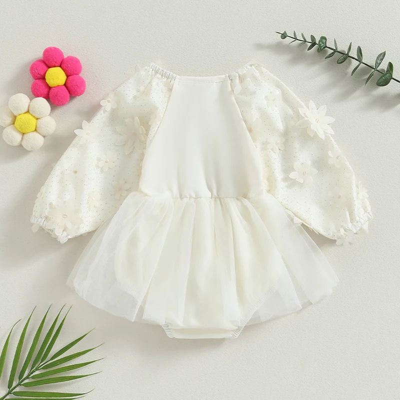 Пролетно сладко облекло новородено бебе бебе момичета гащеризон рокля пайети 3D цвете дълъг ръкав сладък триъгълник-дъното гащеризон Изображение 1