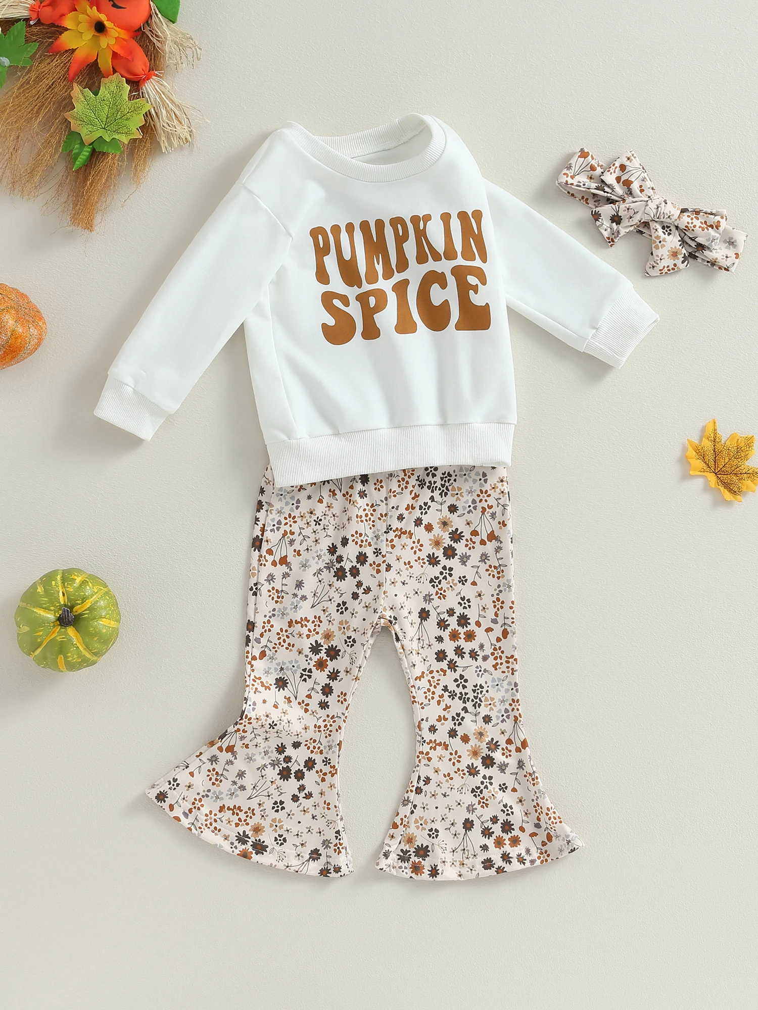 Сладък малък тиква бебе момиче Хелоуин костюм комплект с дълъг ръкав суитчър и звънец дъното пристъп панталони за есента Изображение 1